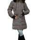 Heavy women's winter coat with detachable fur hood and cargo pockets.