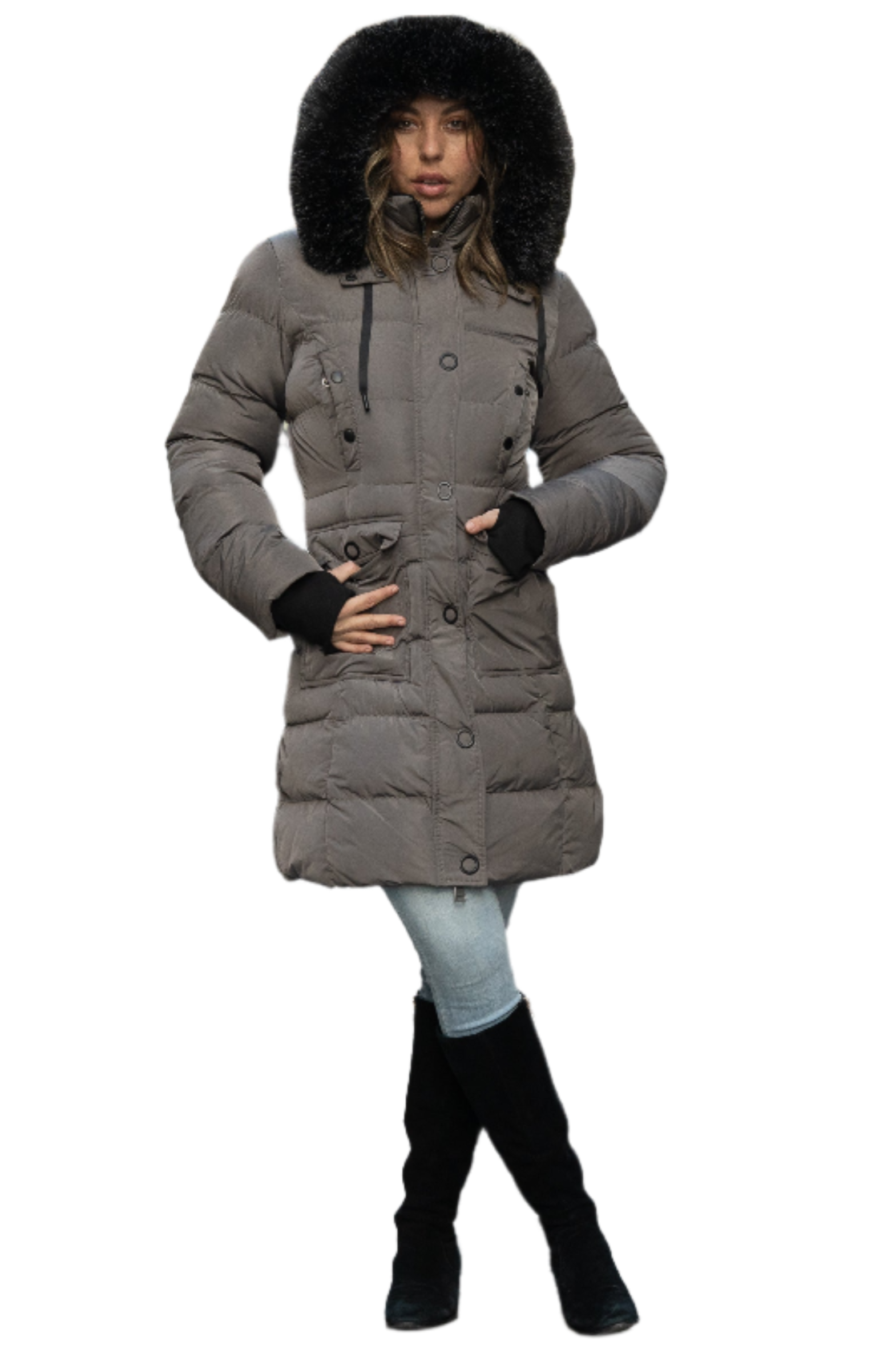 Heavy women's winter coat with detachable fur hood and cargo pockets.