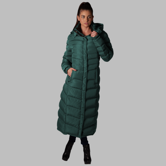 Women's full-length puffer coat with hood, stylish winter wear.