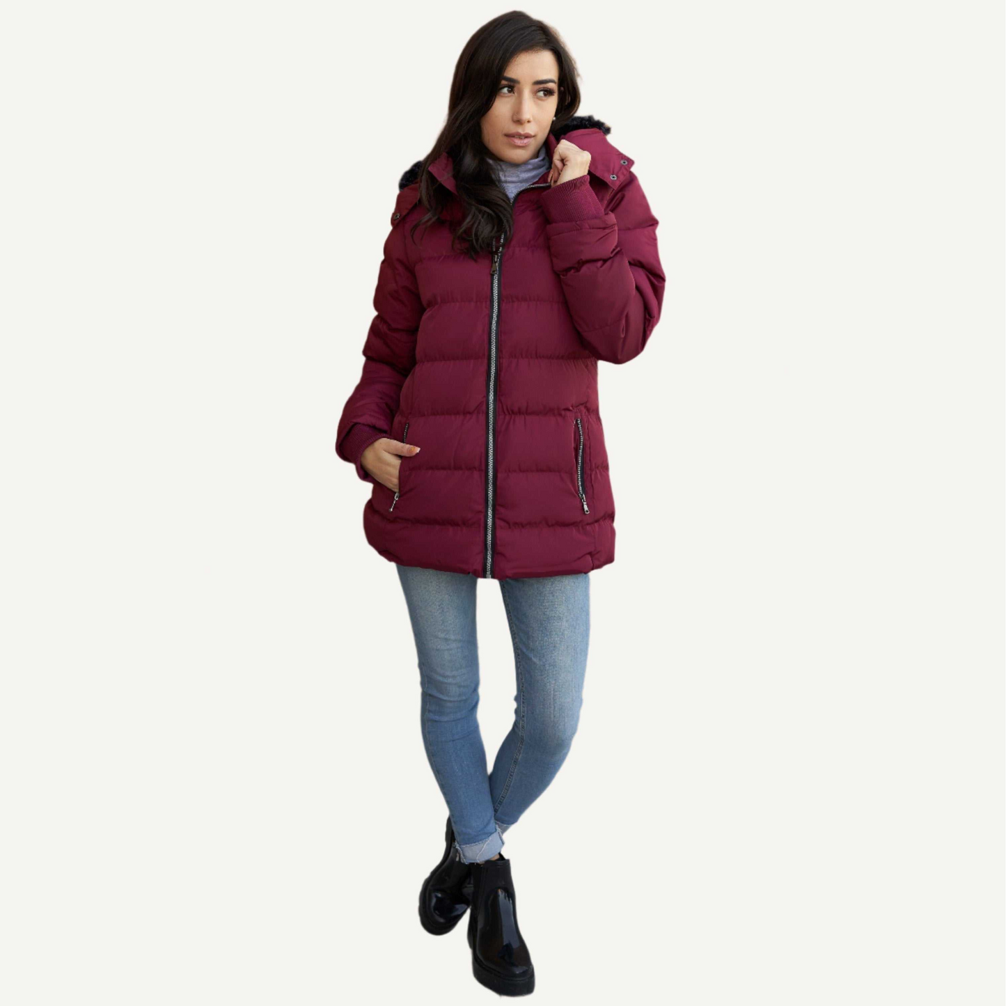 Chic & Cozy Vegan Down Puffer Coat with Faux-Fur Hood for Women