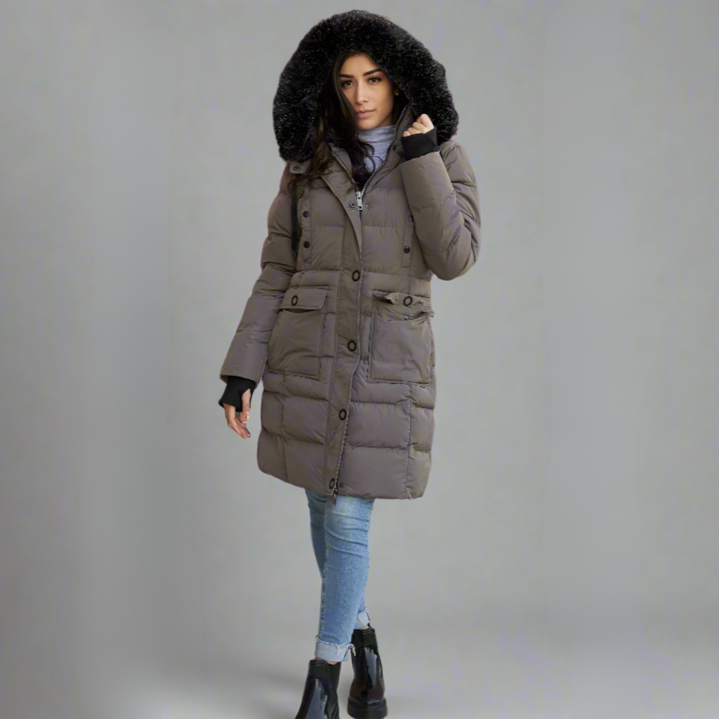 ELORA Down Vegan Heavy Women's Winter Coat with faux fur hood and cargo pockets, knee-length, warm and stylish.