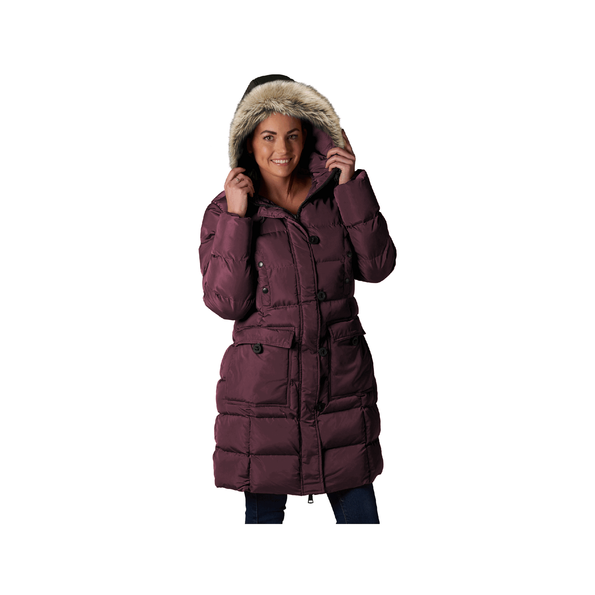 ELORA Women's Winter Vegan Down Puffer Parka with detachable fur hood and cargo pockets.