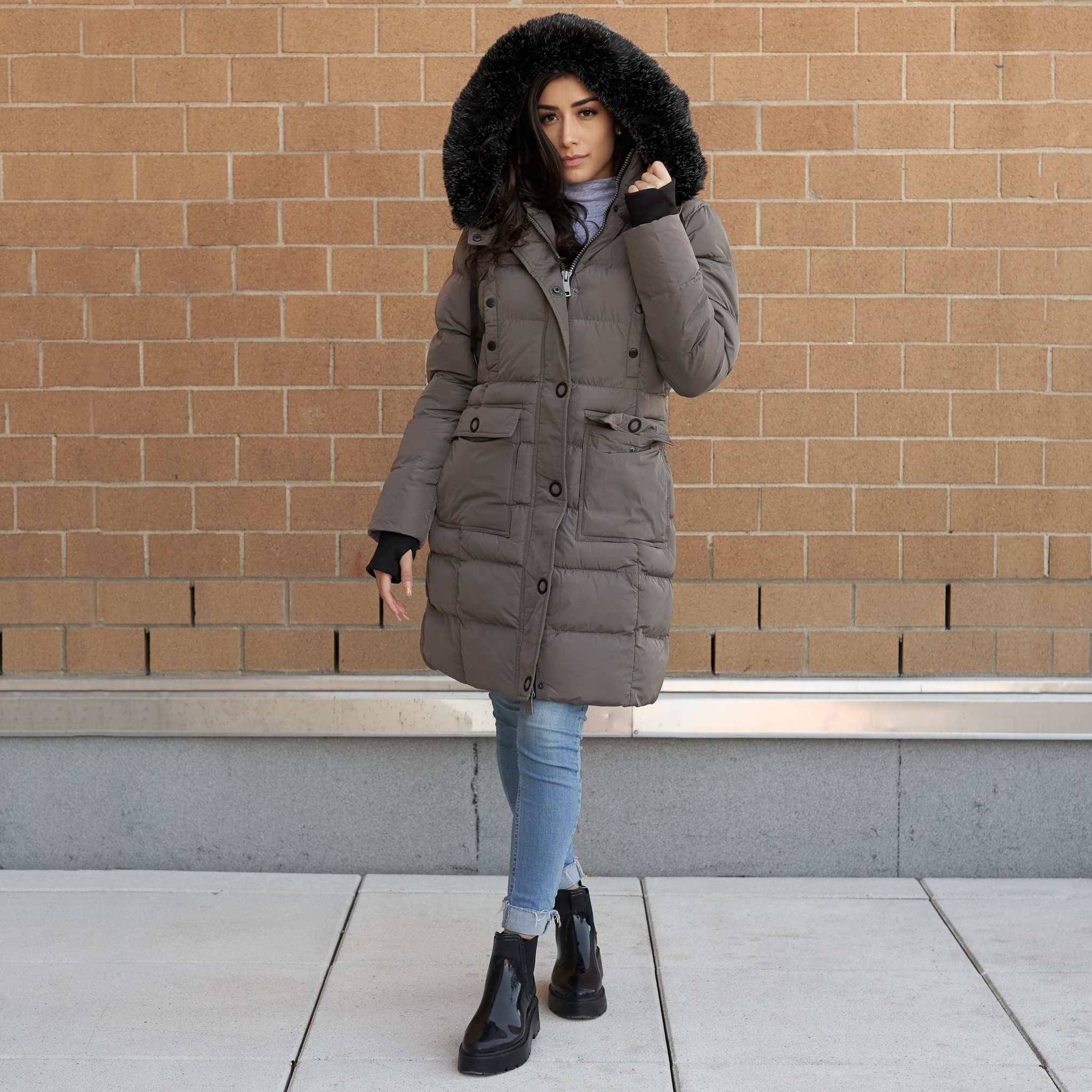 Women's winter long down coat with faux fur online hood