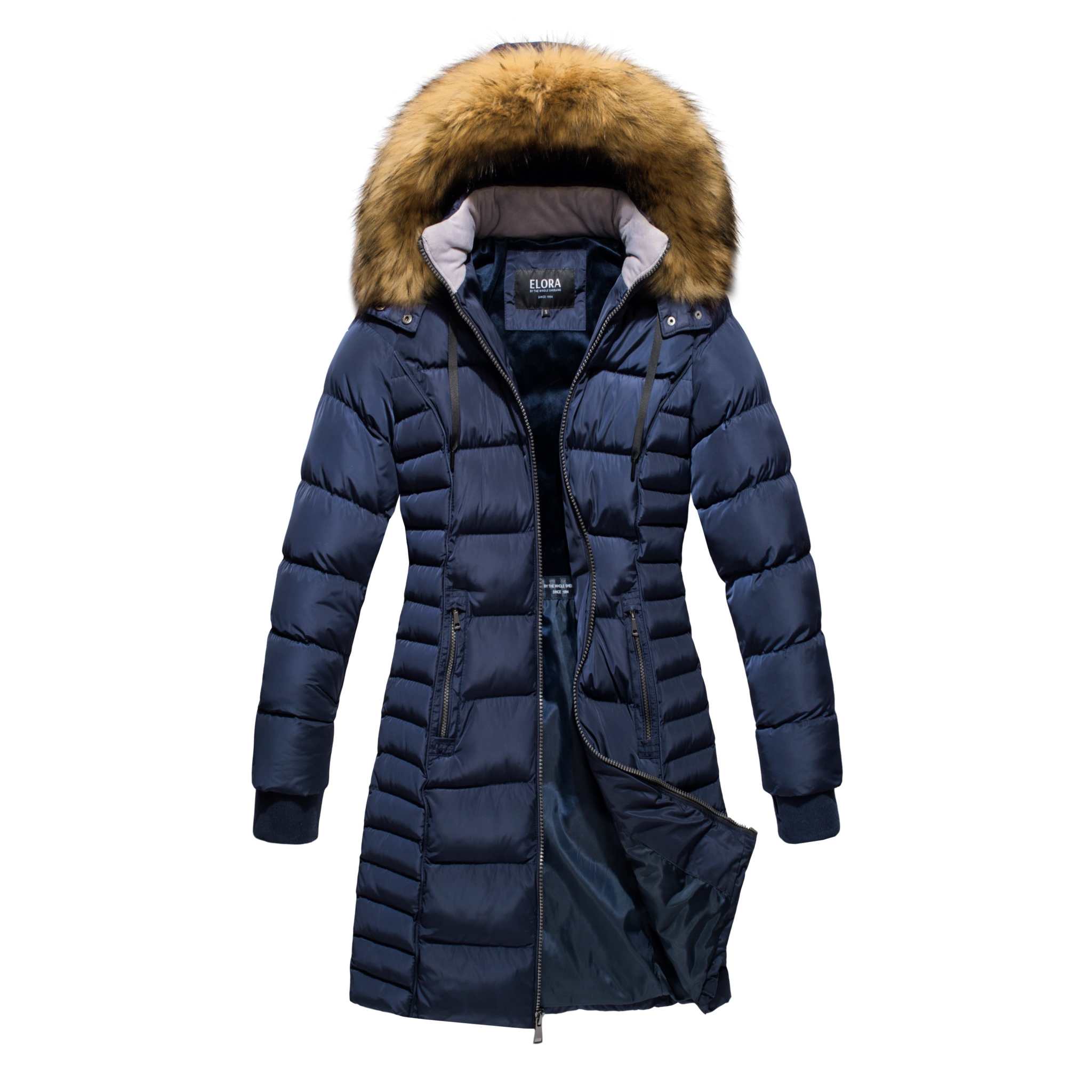 Women's navy coat 2024 with fur hood